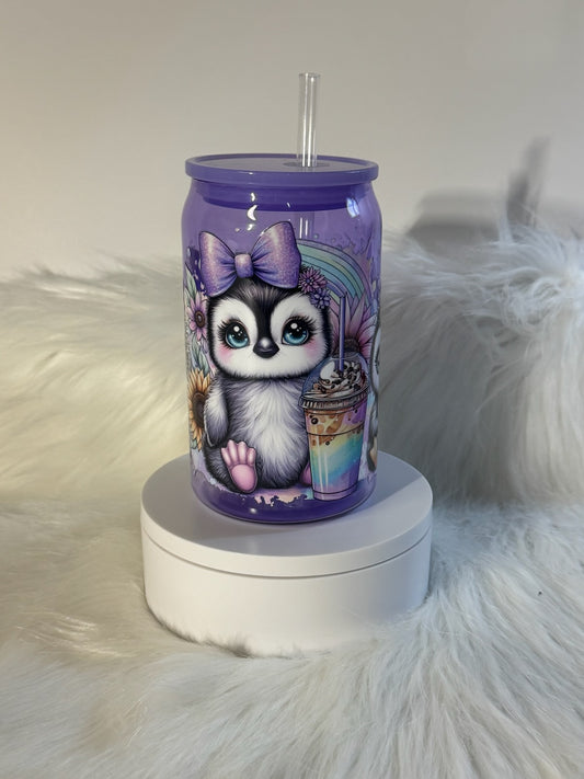 Pre-Made Purple tumbler with a cartoon penguin design